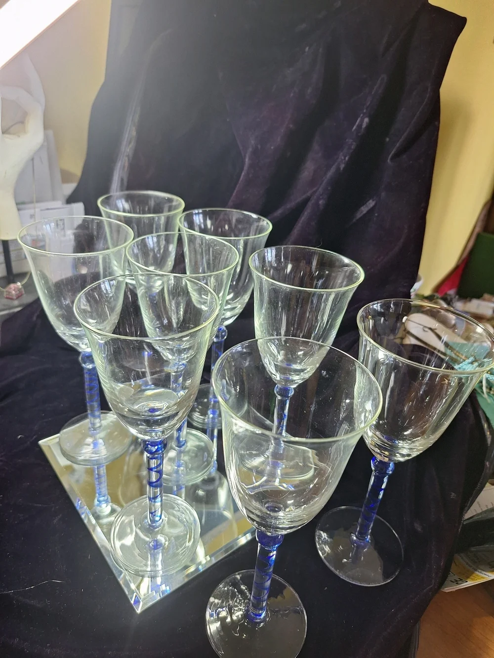 Blue Stem Crystal Wine Glasses - Set of 8